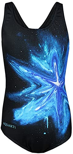 Aquarti Mädchen Badeanzug – Chlorresistenter Sport Badeanzug Mädchen mit Muscleback, Farbe: Bunter Fleck Türkis Blau/Schwarz, Größe: 170