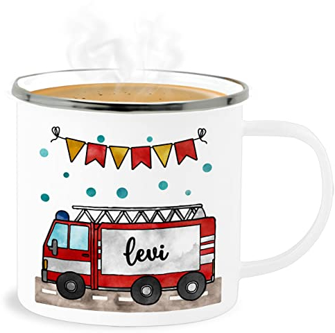 Emaille Becher Blechbecher - Feuerwehrauto Motiv I Leiterwagen Geschenk Feuerwehr I Löschzug - 300 ml - Weiß Silber - tasse kindergarten feuerwehrbecher jugendfeuerwehr name kaffeebecher