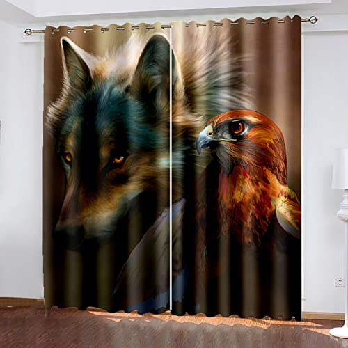 HOUKAI Vorhänge Kurz Fenster Wohnzimmer 3D Stylischer Wolf Vorhang Verdunkelung Blickdicht Gardinen 140x160 cm Vorhänge Schlafzimmer Mit Muster Modern 2Er Set, Vorhänge Für Kinder Mit Ösen