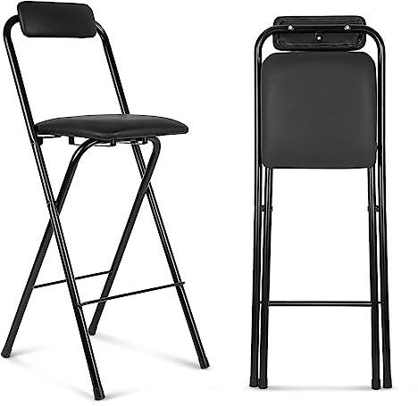 Thyle Sgabello da bar pieghevole con schienale, sgabello pieghevole in pelle imbottito, altezza da bancone, portatile, sgabello da bar alto, per campeggio, cucina, negozio, caffè, nero (1 pezzo, 64