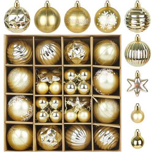 JOFONY Weihnachtsbaumkugeln,42 Stück Weihnachtskugeln Set,Christbaumkugeln Weihnachtsbaumschmuck Weihnachtskugeln Gold Ball und Stern Baumkugeln für Indoor Outdoor Weihnachtsbaum Deko