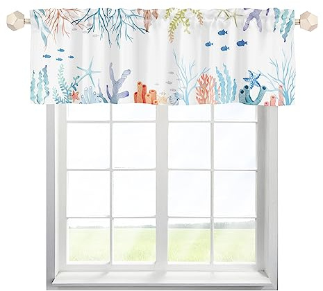 One Lover Ozean Koralle Seesterne Scheibengardine Bistrogardine mit Stangendurchzug Kurzstore Gardine Landhausstil Fensterschal für Wohnzimmer Landhaus Multicolor 137x45cm,1 Stück