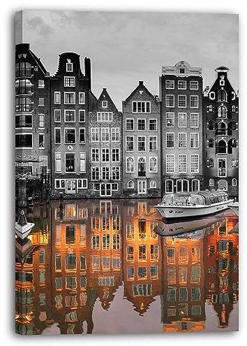 Leinwandbild (80x60cm) Spiegelung in Amsterdam, Schwarz Weiß, black and white, Fotografie, Dekoration für Zuhause, Wandbild klein bis XXL, echter Holz-Keilrahmen inkl. Aufhänger, handgefertigt in D..