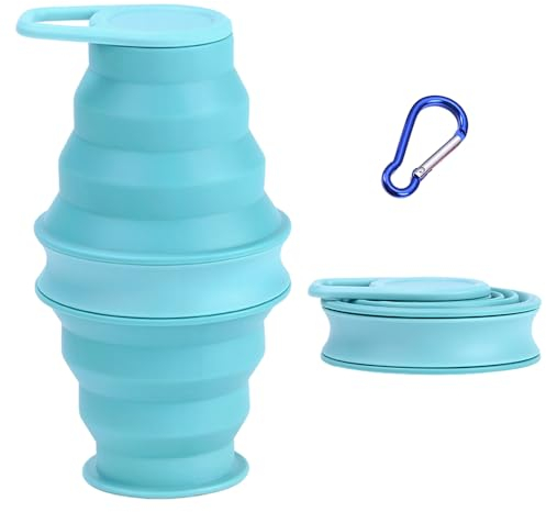 MEMOFYND 1 bouteille d'eau pliable avec 1 mousqueton, bouteille d'eau portable de voyage, bouteille d'eau pliable, bouteille d'eau en silicone anti-fuite pour l'alpinisme, le camping (bleu)