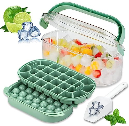 Ice Cube Tray Set With No-Spill Removable Lid | 2 Tiers Ice Cube Moulds Square and Round Ice Tray with Storage Ice Box | Reusable Ice Maker for Freezer,Water,Whiskey,Cocktail (with Scoop)…