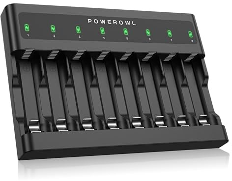 POWEROWL AA AAA Battery Charger 8 Bay, Independent Slot, USB Fast Charging for Ni-MH Ni-CD Rechargeable Batteries