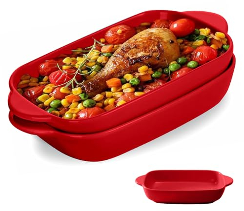 Petit Plat a Gratin Individuel 23 x 13 cm, 2 Plat Four en Céramique, Plat a Lasagne Rectangulaire de Style Nordique, Plat à Gratin Résistant à la chaleur pour Pâtisseries, Lasagnes (Rouge)