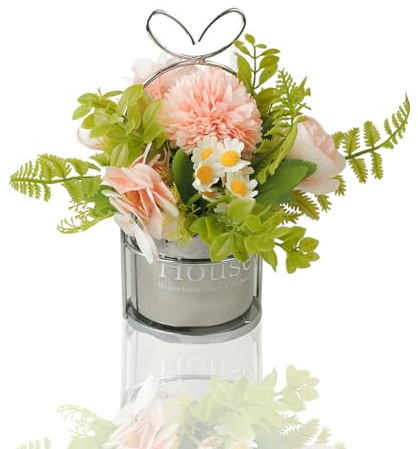 Leixi Artificial Flowers with Pots,Artificial Plants in Shining Pot Silk Fake Flower Arrangements Indoor Outdoor Flowers Wedding Garden Decor (Pink)