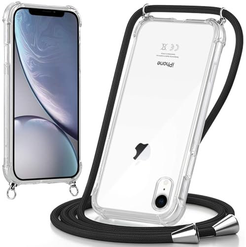 Oelrstfe handyband Hülle mit Band für iPhone XR, Handyband zum Umhängen Handy Umhängeband Transparent TPU Stoßfest Silikon Handyhülle mit Kette für iPhone XR, Schwarz