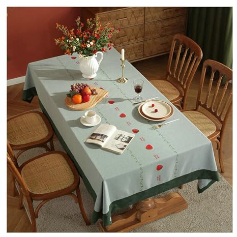 Tischdecke Polyester Rechteckig, Tischtuch 140x180CM Tischdecke Abwaschbar Waschbar Erdbeere Stickerei Tischdecke für Holztisch, Grün