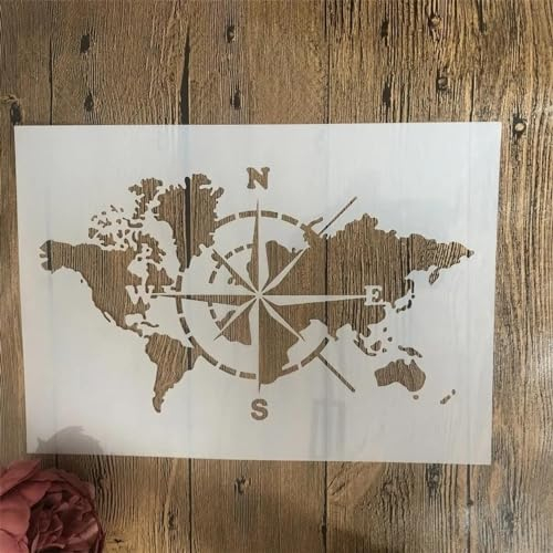 KUNGZUNMOLDS Wiederverwendbare Schablonen, A4, 29 x 21 cm, Weltkarte, Kompass-Schablonen zum Malen auf Holz, Wand, Möbel, Leinwand, Stoff, Schild, Rock, DIY-Kunstprojekte, Heimdekoration