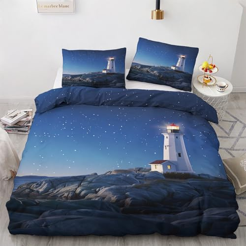 GEDAEUBA Bettwäsche 135x200 Leuchtturm - Nautische Bettbezug 135 x 200 2er Set, Wendebettwäsche und Kissenbezug 80x80, Weiche & Angenehme Mikrofaser Bettwäsche-Sets mit Reißverschluss