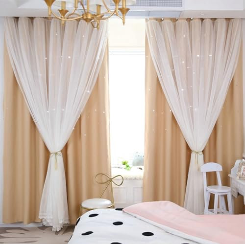 Epinki Beige Vorhänge Kinderzimmer Verdunkelung 2er Set, Stern Verdunklungsvorhänge Kinderzimmer, Ösen Vorhang Blickdicht mit Muster Polyester für Wohnzimmer, Jeder B 137 x H 244cm