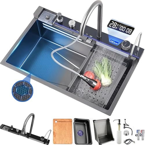 Fregadero de Cocina de lujo Inteligente en Cascada, Fregadero Multifuncional de Acero Inoxidable para el con Accesorios de Fregadero Adecuado para cocinas, bares, apartamentos ( Gris oscuro, 80*45cm)