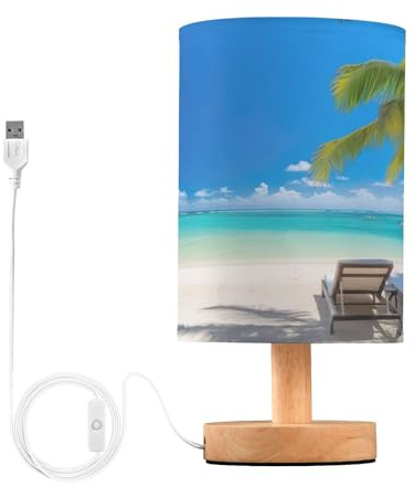 Waassud Beach and Palm Tree Table Lamp Desk Lamps Dorm Room Essentials for Girls Bedroom Decor Beside Table Lamps for Night Stands with Matte Fabric Shade