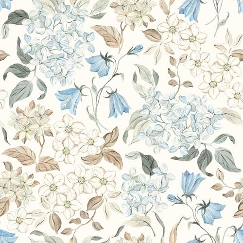 VEELIKE Tapete Blumen Vintage Hortensien Blumentapete Aquarell Selbstklebende Tapete Blumen Beige Blau Mustertapete 44.5 cm x 300 cm Botanische Tapete Blätter Beige Fototapete Schlafzimmer Badezimmer