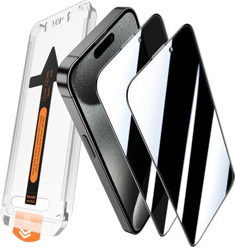 JEHOO 2 Pack for iPhone 15 Pro Privacy Screen Protector, Auto-Dust Removal, Full Coverage Premium 9H Tempered Glass, Anti-Scratch, Anti-fingerprint, Bubble-Free with Auto Alignment Install Frame