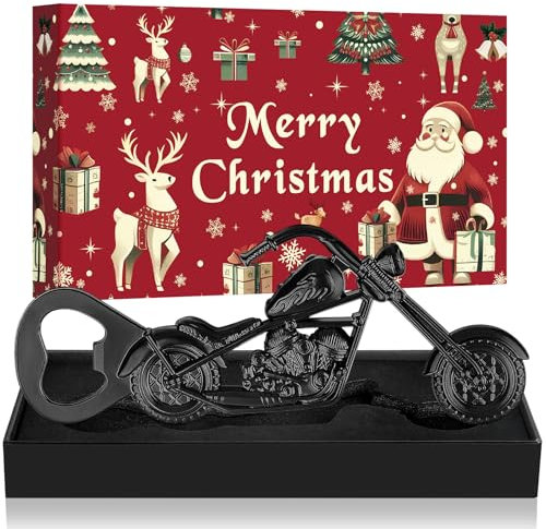 LKKCHER Weihnachtsverpackter Motorrad-Bierflaschenöffner, Weihnachtsgeschenke für Männer, Vater, Ehemann, Motorradgeschenke für Biker, Schwarz mit Weihnachtsverpackung und Weihnachtskarte