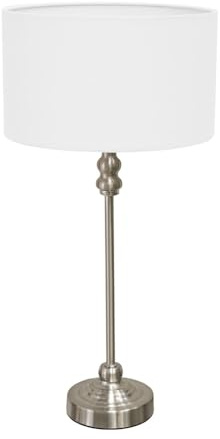 ValueLights | Brushed Chrome Metal Candlestick Table Lamp with White Fabric Drum Shade Bedside Light | Table Lamps, Home Décor & Improvement Essential | Included LED Bulb