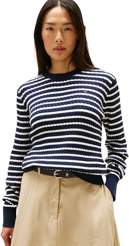 Tommy Hilfiger Jersey Mujer Cable Fine con Punto Trenzado, Multicolor (Dark Night Navy/Ivory Silk STP), L