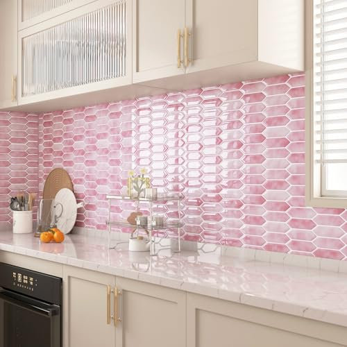 ReWallpaper Fliesenaufkleber Rosa Küche Fliesen Selbstklebend Küche Wand 17 Stück Rosa Wandfliesen Selbstklebend Badezimmer Wasserfest Sechseckig 3d Fliesenfolie für Dusche Kamin 30.5x30.5cm