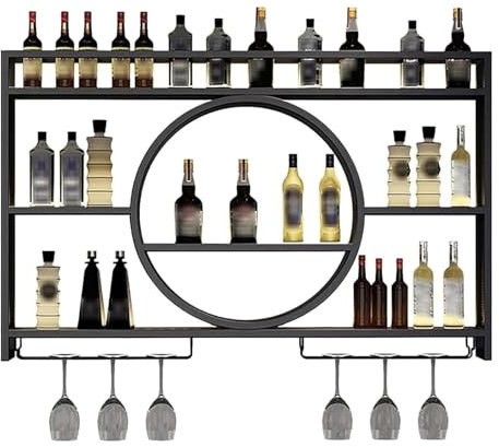 KEPMOGOH Wand Montiert Eisen Weinregal, Schwimmende Glas Wein Display Holder Home Liquor Regal Bar Flasche Organisation Schränke, Wein Storage Rack, Für Küche Esszimmer Dekor (Black, 140CM/55IN)