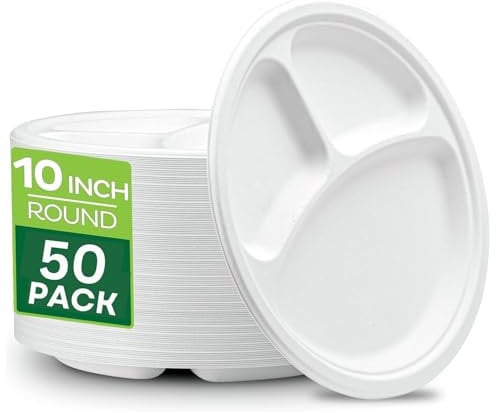 Strong Paper Plates (3 Compartment - 10 inch) Bagasse 100% Compostable Heavy-Duty Eco-Friendly Disposable Plates, Made of Natural Sugarcane Fibers for Parties Christmas - 10 Biodegradable