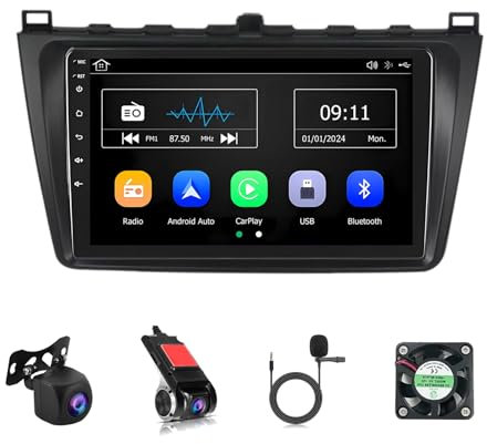 Android 14 Double Din Car Stereo 9 Inch Touch Screen Car Radio For Mazda 6 2008-2012 With Bluetooth FM WiFi SWC Android Auto Carplay GPS Navigation AHD Reverse Camera(Y1 1+32G)