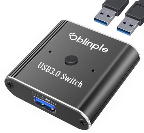 Oblinple USB 3.0 Switch, Bi-Directional KVM Switcher 2 in 1 Out, 1 in 2 Out, Aluminum USB Splitter with 2 USB 3.0 Cables, USB Selector Switch 2 Computers Sharing Keyboard Mouse Scanner Printer