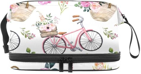 Romantische Fahrradtasche mit rosa Blume und Handtasche, doppellagig, Kosmetiktasche für Damen und Mädchen, Reise-Kulturbeutel, Make-up, praktische Tasche, Organizer-Tasche mit Pinselfach, multi,