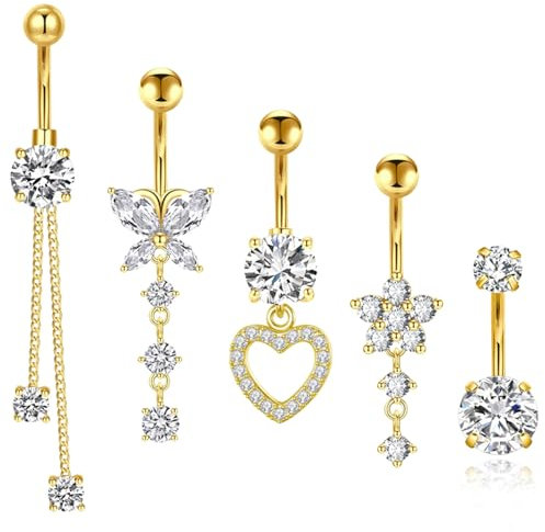 Bipl 5 Stück Bauchnabelpiercing, 14G Edelstahl, Golden, Schmetterling Blume Anhänger, Schmuck für Frauen