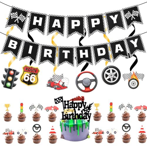 24 Stück Auto Geburtstagsdeko,Cars Tortendeko,Rennwagen Happy Birthday Banner Deko,Cars Geburtstagsdeko für Jungen Mädchen Racing Thema Kindergeburtstag Party Supplies