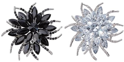 DELORIGIN 2 Farben Strass Blumenbroschen Große Broschen Kristallblumenbrosche Für Frauen Hochzeitsfeier Kleid Zeremonie Kleidung Dekorativer Schmuck,Silber & Schwarz
