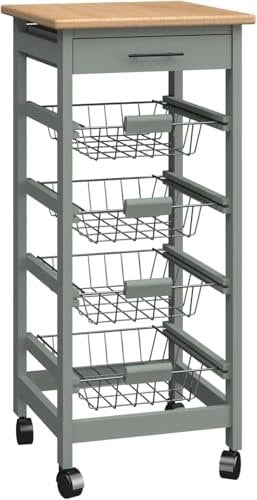 Wooden Rolling Kitchen Cart 4-Tier with Metal Baskets & Drawer Mobile Storage Organizer Trolley Island for Fruit, Veg, Snacks, Utensils –Solid Wood Frame, Grey