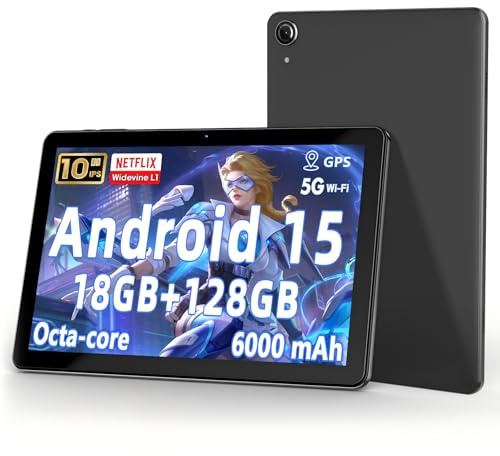 Aobante 【10 Zoll Android 15 Tablet】 18 GB RAM + 128 GB ROM (erweiterbar auf 1 TB), Octa-Core-Prozessor, 1280 × 800 IPS HD-Display, 6000 mAh Akku, Dual 5 MP + 8 MP Kameras, 2,4 G/5 G WiFi