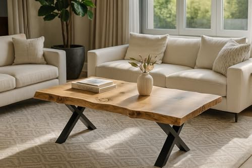 Tribe Joinery RITA Live Edge Coffee Table, Solid Wood with Metal X-Base, Natural Wood, Cross Legs (100x60)