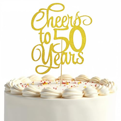 Gold Glitter Cheers to 50 Years Cake Topper for 50th Birthday, Wedding, Anniversary Cake Decorations, Photo Booth Props, 8.6x5.3 inches