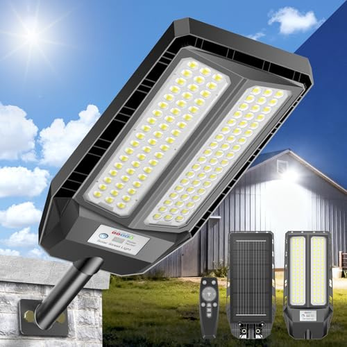 JADIDIS 700W Lampadaire solaire, lampes solaires d'extérieur avec détecteur de mouvement et télécommande, étanchéité IP66, 4 modes d'éclairage, 6500K super lumineux pour jardin, cour, rue, garage