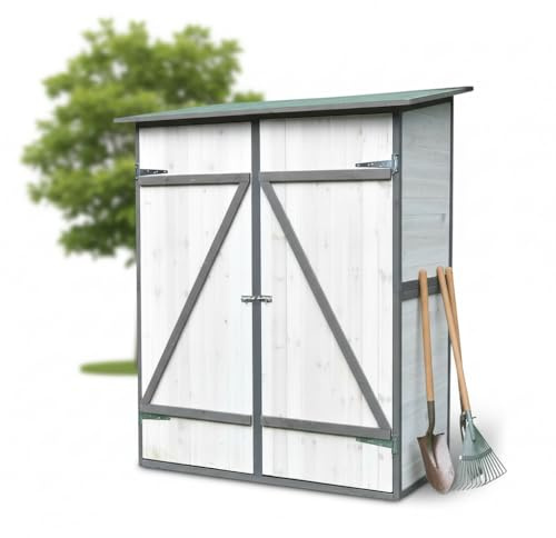 Mucola Gartenschrank Gerätehaus mit Pultdach und Regal 162x140x75 cm Grau | Doppelflügeltür, FSC-zertifiziertes Fichtenholz, wetterfest, Aufbau in ca. 1 Stunde, für Werkzeug und Gartengeräte, Weiß
