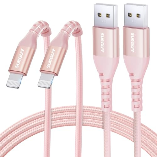 SUNGUY Ladekabel iPhone, 2Stück 1.5m [MFi-Zertifiziert] USB auf Light-ning Kabel Nylon Kompatibel mit Carplay iPhone 14/13/12/11 Pro Max Mini Xs 8 7 6 5 Plus, iPad Air/Mini-Rosa