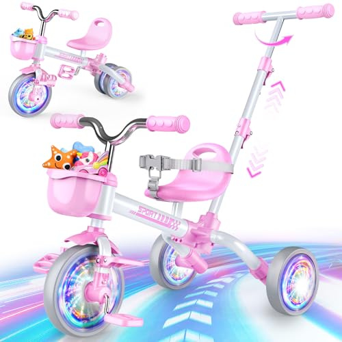 HappyGoLucky 5 en 1 Tricycle évolutif Enfant, Draisienne 1-5 Ans-Roues Lumineuses/Poignée Parentale/Sièges&pédales Réglables, Jouet Cadeau Enfant Fille 1-5 Ans Jouet Exterieur Cadeau Anniversaire