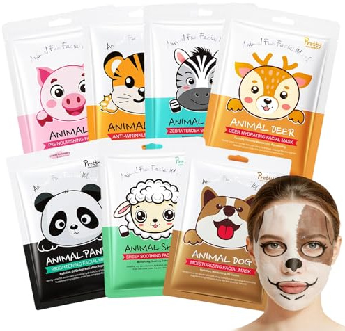 7 Piezas Mascarillas Faciales Animales con Estampados, Mascarilla Facial Niña, Mascarilla Hidratante de Animales, Nutritivas, Hidratante, Apto para Todo Tipo de Piel