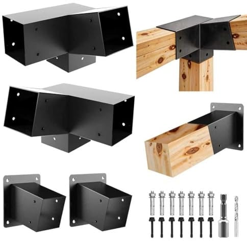 Qrooviiy 30 Degree 3-Way Pegola Bracket with Wall Mount Post Base,13-Gauge Slant Post Brackets for 4 x 4 (Actual:3.5x3.5) Lumber,DIY Woodwrok Brackets for Patio Pergolas,Gazebos, Log Cabin - 4Pack