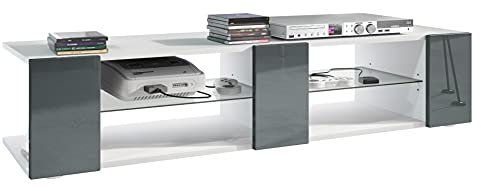 Vladon Buffet Bas Movie V2, Meuble TV avec 6 Compartiments Ouverts et placages décoratifs, Blanc Mat/Gris Haute Brillance (134 x 29 x 39 cm)