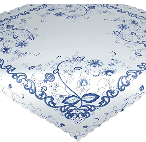 Tischdecke Vintage blau, Moderne weiße Mitteldecke für Küche und Wohnzimmer, 80x80 cm