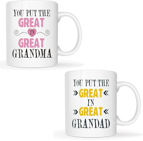 This Christmas Gifts Grandparent Set of 2 Coffee Mugs, You Put The Great in Great Grandma/Grandad Best Birthday Presents for Your Grandparent, Grandma, Grandad, Ceramic Cup White, 11 Oz