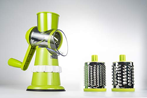 Reibemaschine mit 3 Schneidtrommeln, Trommelreibe für Früchte und Gemüse mit Saugfuß 22 cm hoch, manuell Betrieben