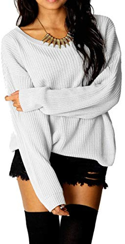 Crazy Girls Womens Ladies Baggy Long Sleeve Knitted Plain Chunky Top Sweater Jumper S-XL (M/L, White)