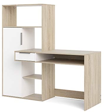Dmora Multifunktionsschreibtisch mit Bücherregal, Schublade und Tür, Farbe Weiß und Eiche, 162 x 155 x 60 cm