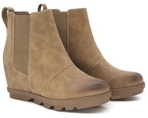 Athlefit Stivaletti da donna con zeppa comodi alla caviglia, Kaki, 8.5